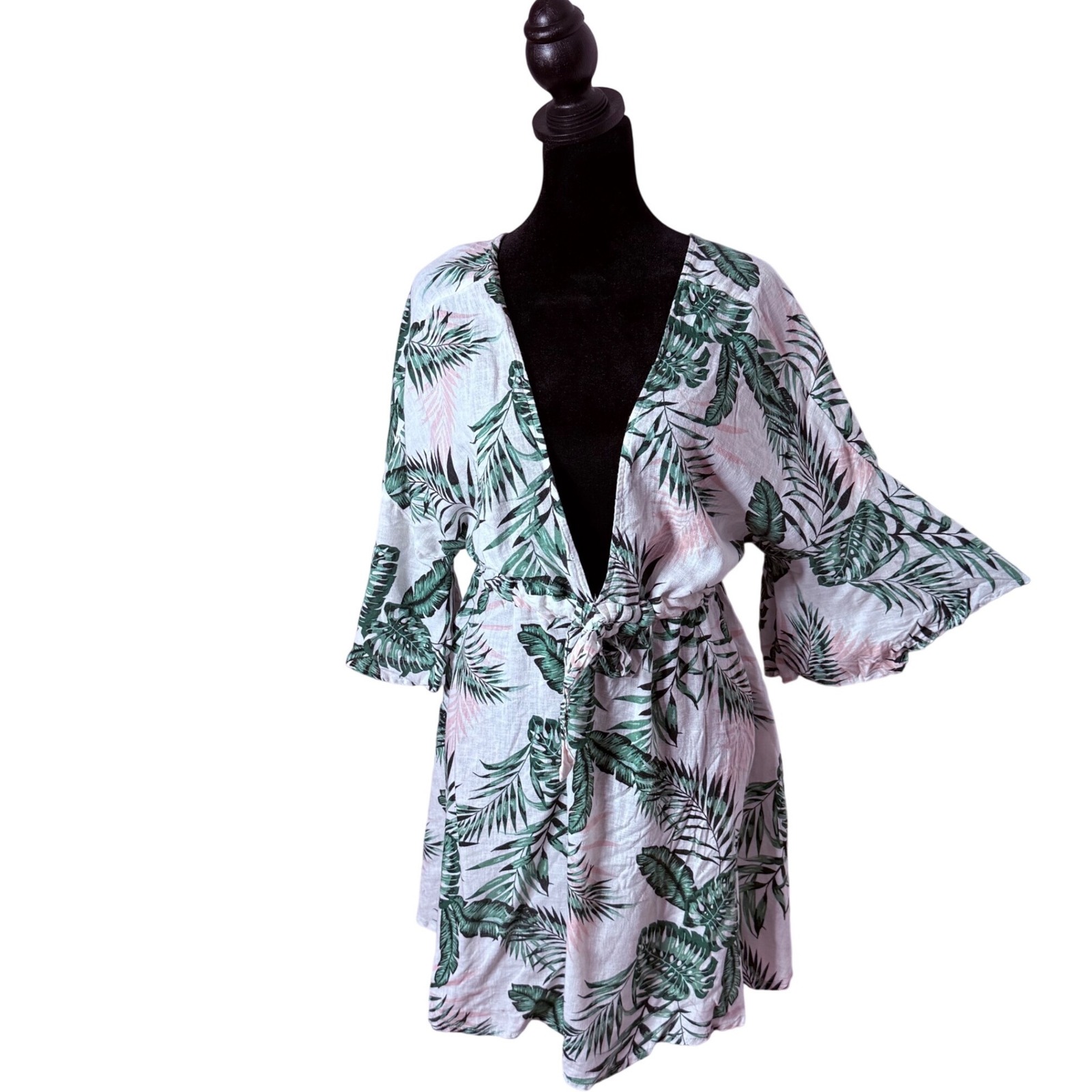 C&C California Tropical Leaf Print Kimono Swim Cover Up Size S Vacation Beach